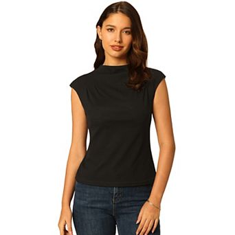 Women's Mock Neck Blouse Basic Cap Sleeve Knitted Tops