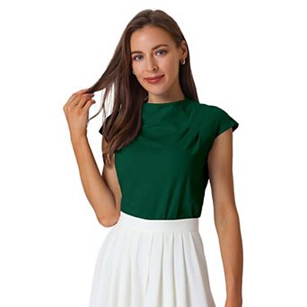 Women's Mock Neck Blouse Basic Cap Sleeve Knitted Tops