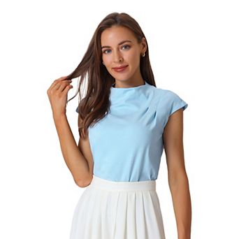 Women's Mock Neck Blouse Basic Cap Sleeve Knitted Tops