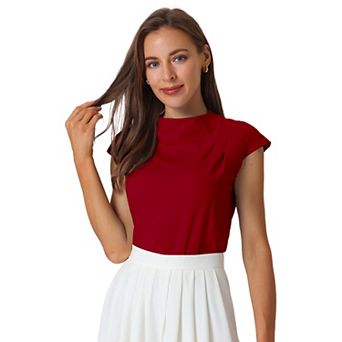 Women's Mock Neck Blouse Basic Cap Sleeve Knitted Tops