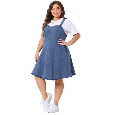 Plus Size Denim Overall Dress For Women Adjustable Straps A-line Jean Dresses With Pockets