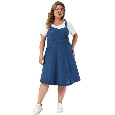 Plus Size Denim Overall Dress for Women Adjustable Straps A-Line Jean  Dresses with Pockets
