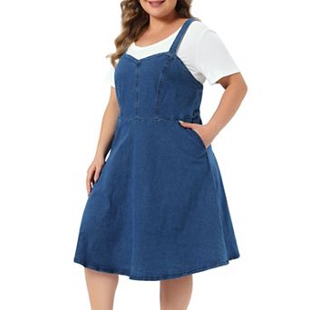 Plus Size Denim Overall Dress for Women Adjustable Straps A-Line Jean Dresses with Pockets