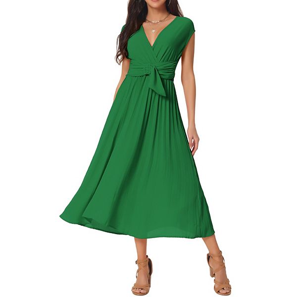 Women's Casual Sleeveless Wrap V Neck Flowy Ruffle Pleated Midi Dress ...