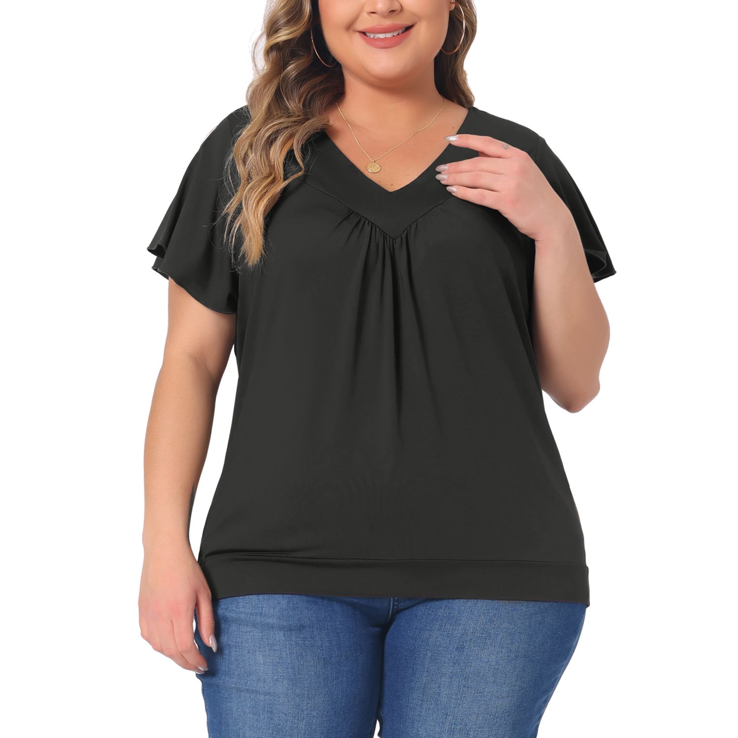 NILOUFO Womens Tees Elbow Length Tee Shirts For Women V Neck Blouses For Women(Acid Blue