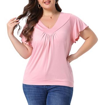Plus Size Top for Women V Neck Ruffle Short Sleeve T Shirt Summer Tee Tops