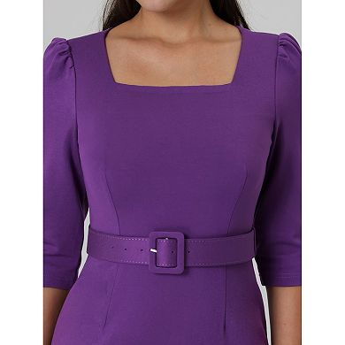 Women's Vintage Pencil Dress Square Neck Sleeve Belted Dresses