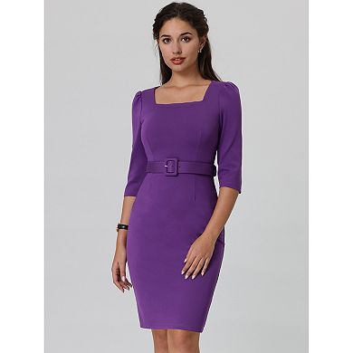 Women's Vintage Pencil Dress Square Neck Sleeve Belted Dresses