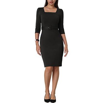 Women's Vintage Pencil Dress Square Neck Sleeve Belted Dresses