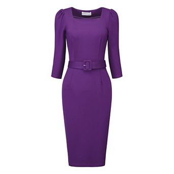 Women's Vintage Pencil Dress Square Neck Sleeve Belted Dresses