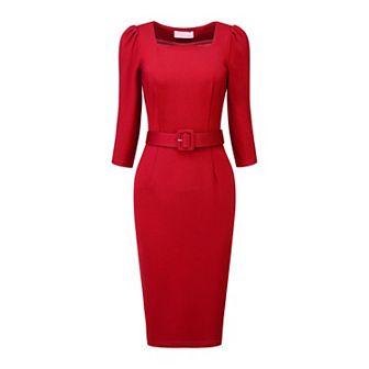 Women's Vintage Pencil Dress Square Neck Sleeve Belted Dresses