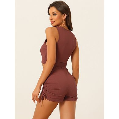 Summer 2 Piece Outfits For Women's Stretchy Ribbed Tank Crop Top Ruched Shorts Set