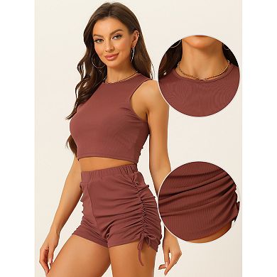 Summer 2 Piece Outfits For Women's Stretchy Ribbed Tank Crop Top Ruched Shorts Set