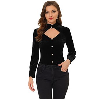 Women's Vintage Ruffle Mock Neck Cutout Shirt Long Sleeve Gothic Velvet Blouse