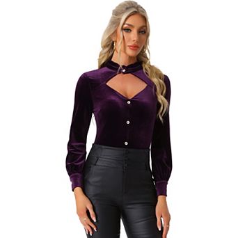Women's Vintage Ruffle Mock Neck Cutout Shirt Long Sleeve Gothic Velvet Blouse