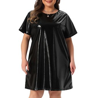 Plus Size Dress for Women Metallic Round Neck Short Sleeve Party Clubwear Loose Mini T-Shirt Dress