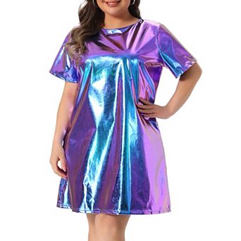 Plus Size Dress for Women Metallic Round Neck Short Sleeve Party Clubwear Loose Mini T-Shirt Dress