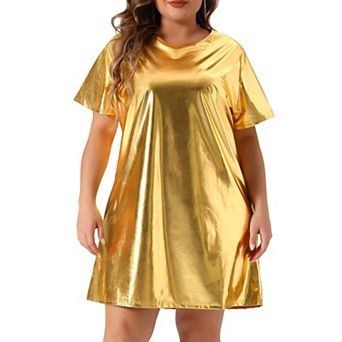 Plus Size Dress for Women Metallic Round Neck Short Sleeve Party Clubwear Loose Mini T-Shirt Dress