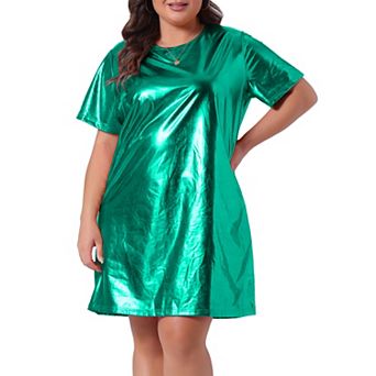 Plus Size Dress for Women Metallic Round Neck Short Sleeve Party Clubwear Loose Mini T-Shirt Dress