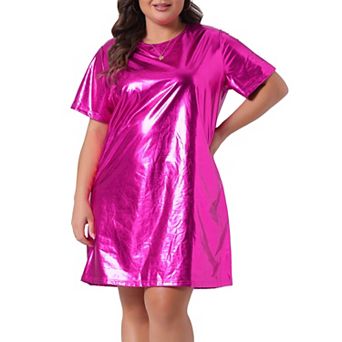 Plus Size Dress for Women Metallic Round Neck Short Sleeve Party Clubwear Loose Mini T-Shirt Dress