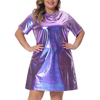 Plus Size Dress for Women Metallic Round Neck Short Sleeve Party Clubwear Loose Mini T-Shirt Dress