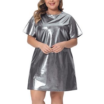 Plus Size Dress for Women Metallic Round Neck Short Sleeve Party Clubwear Loose Mini T-Shirt Dress