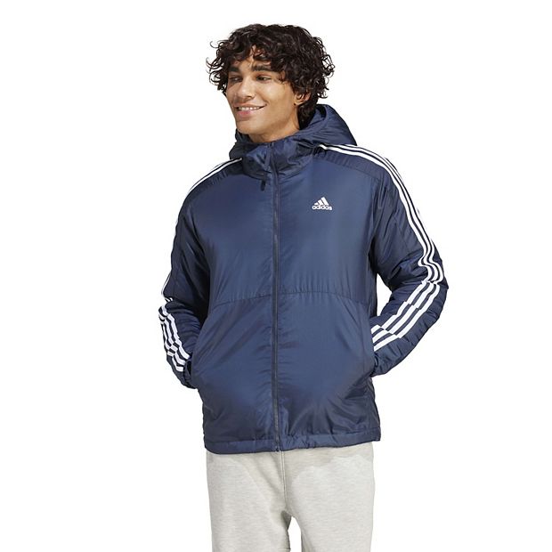 Adidas Mens Large Navy sale Blue 3 Stripe Puffer Full Zip Hooded Coat