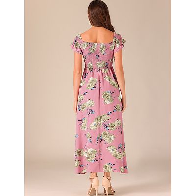 Floral Off Shoulder Midi Beach Summer Vacation Dress, White / L