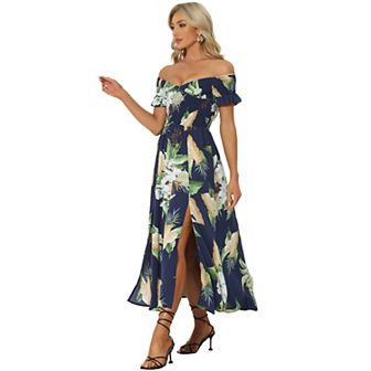 Floral Dresses For Women's Off Shoulder Midi Beach Summer Dress