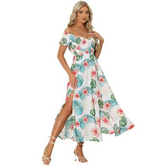 Floral Dresses For Women's Off Shoulder Midi Beach Summer Dress
