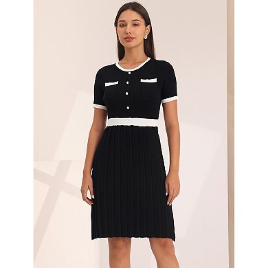 Women's Pleated Dress Short Sleeve Elegant Knitted Contrast Color Dress
