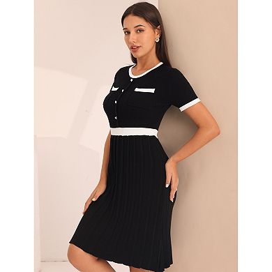 Women's Pleated Dress Short Sleeve Elegant Knitted Contrast Color Dress