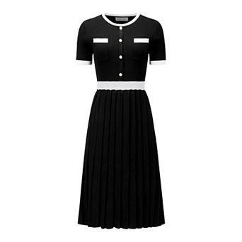 Women's Pleated Dress Short Sleeve Elegant Knitted Contrast Color Dress