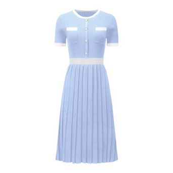 Women's Pleated Dress Short Sleeve Elegant Knitted Contrast Color Dress