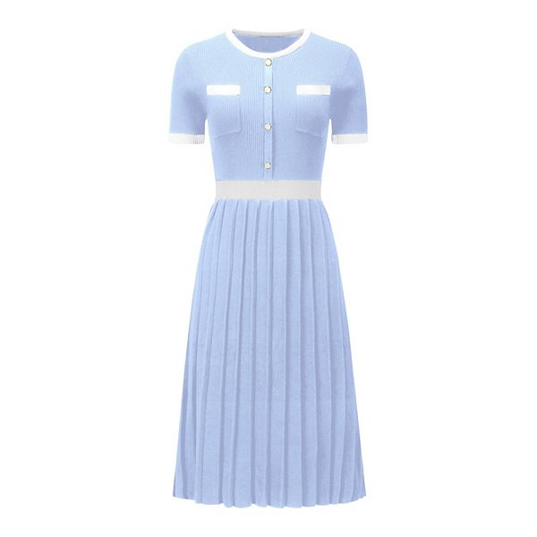 Contrast Trim Bell Sleeve Pleated Zipper Dress main image 0