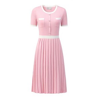 Women's Pleated Dress Short Sleeve Elegant Knitted Contrast Color Dress