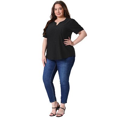 Plus Size T Shirt for Women V Neck Short Sleeve Summer Hollow Casual Tops Blouse