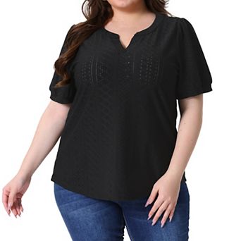 Plus Size T Shirt for Women V Neck Short Sleeve Summer Hollow Casual Tops Blouse