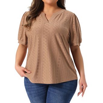 Plus Size T Shirt for Women V Neck Short Sleeve Summer Hollow Casual Tops Blouse