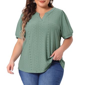 Plus Size T Shirt for Women V Neck Short Sleeve Summer Hollow Casual Tops Blouse