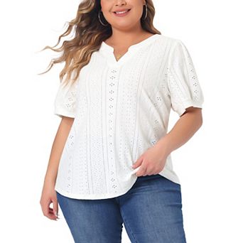 Plus Size T Shirt for Women V Neck Short Sleeve Summer Hollow Casual Tops Blouse