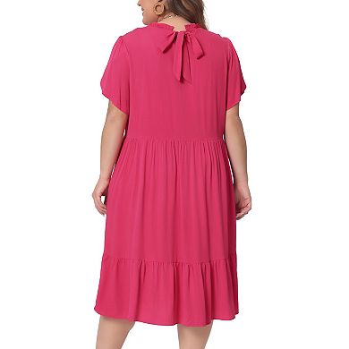 Plus Size Dress For Womens Tie Back Petal Sleeve Mock Neck Ruffle Hem A-line Swing Midi Dresses