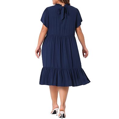 Plus Size Dress For Womens Tie Back Petal Sleeve Mock Neck Ruffle Hem A-line Swing Midi Dresses