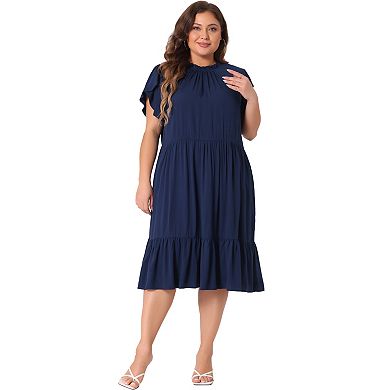Women's Plus Size A-Line Midi Dress Tie Back Petal Sleeve Mock Neck Ruffle Hem