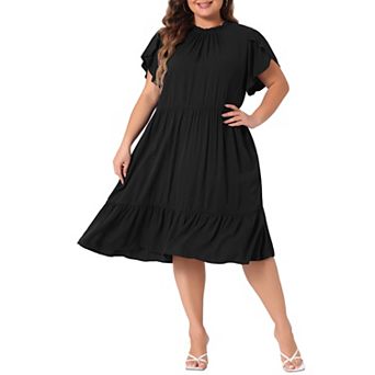 Women's Plus Size A-Line Midi Dress Tie Back Petal Sleeve Mock Neck Ruffle Hem