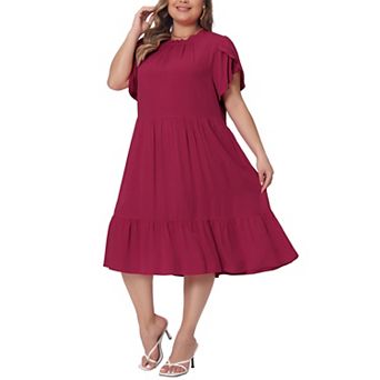 Women's Plus Size A-Line Midi Dress Tie Back Petal Sleeve Mock Neck Ruffle Hem