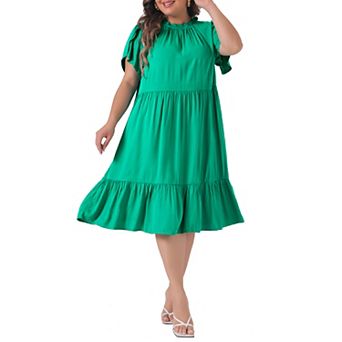 Women's Plus Size A-line Midi Dress Tie Back Petal Sleeve Mock Neck Ruffle Hem