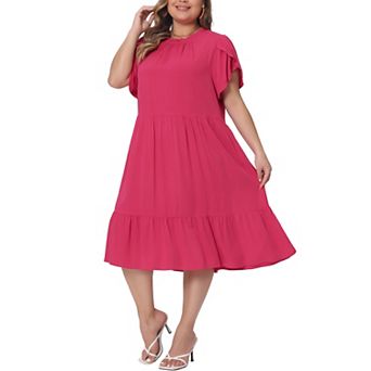 Women's Plus Size A-line Midi Dress Tie Back Petal Sleeve Mock Neck Ruffle Hem