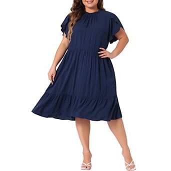 Women's Plus Size A-line Midi Dress Tie Back Petal Sleeve Mock Neck Ruffle Hem