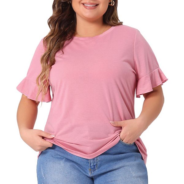 pois blouse tee ピンク Women's Plus Size T Shirts Ruffle Short Sleeve Casual Summer